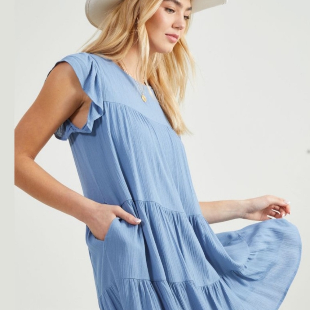 Altard State Blue Ruffled Flounce Dress Layered Tiered Sleeveless M NEW $69